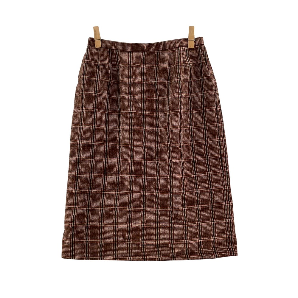 Koret Plaid Midi Skirt Womens 12 Brown Wool Blend Vintage USA Made Straight Slit